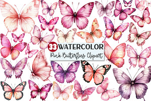Pink Watercolor Butterflies Clipart, an Illustration by Rose Art