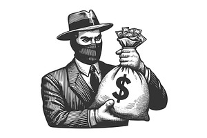 masked gangster holding money bag, a Person Illustration by AlexArt
