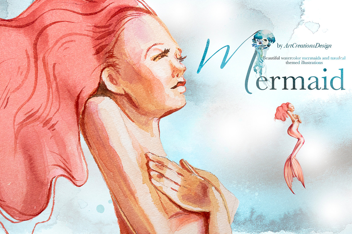 Hand-Painted Mermaid Clipart Set, a Person Illustration by ArtCreationsDesign (Photo 11 of 24)