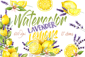 Watercolor Lavender Lemon Clip Arts