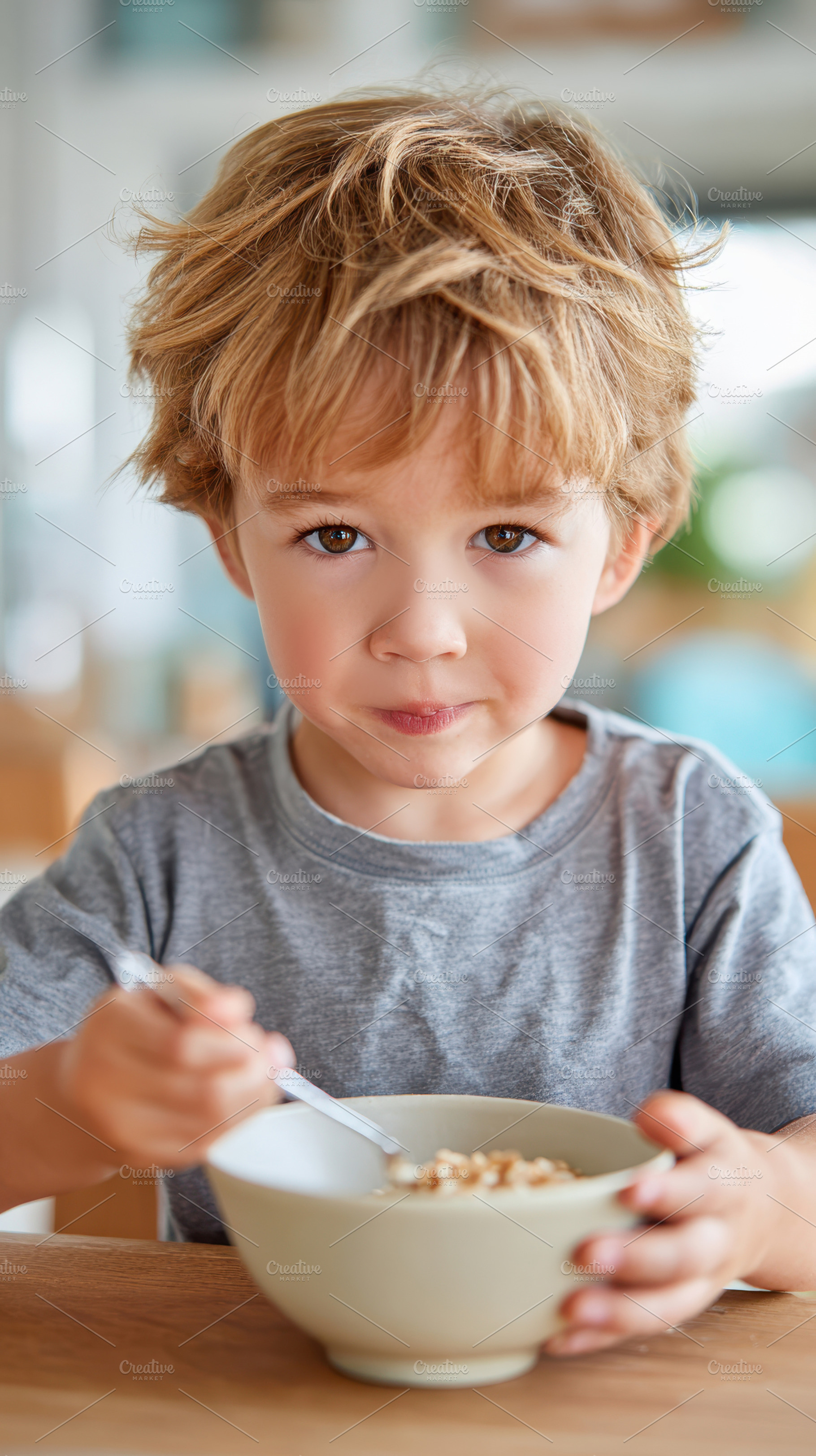 Child enjoying breakfast cereal, a Person Photo by AlyaAnd
