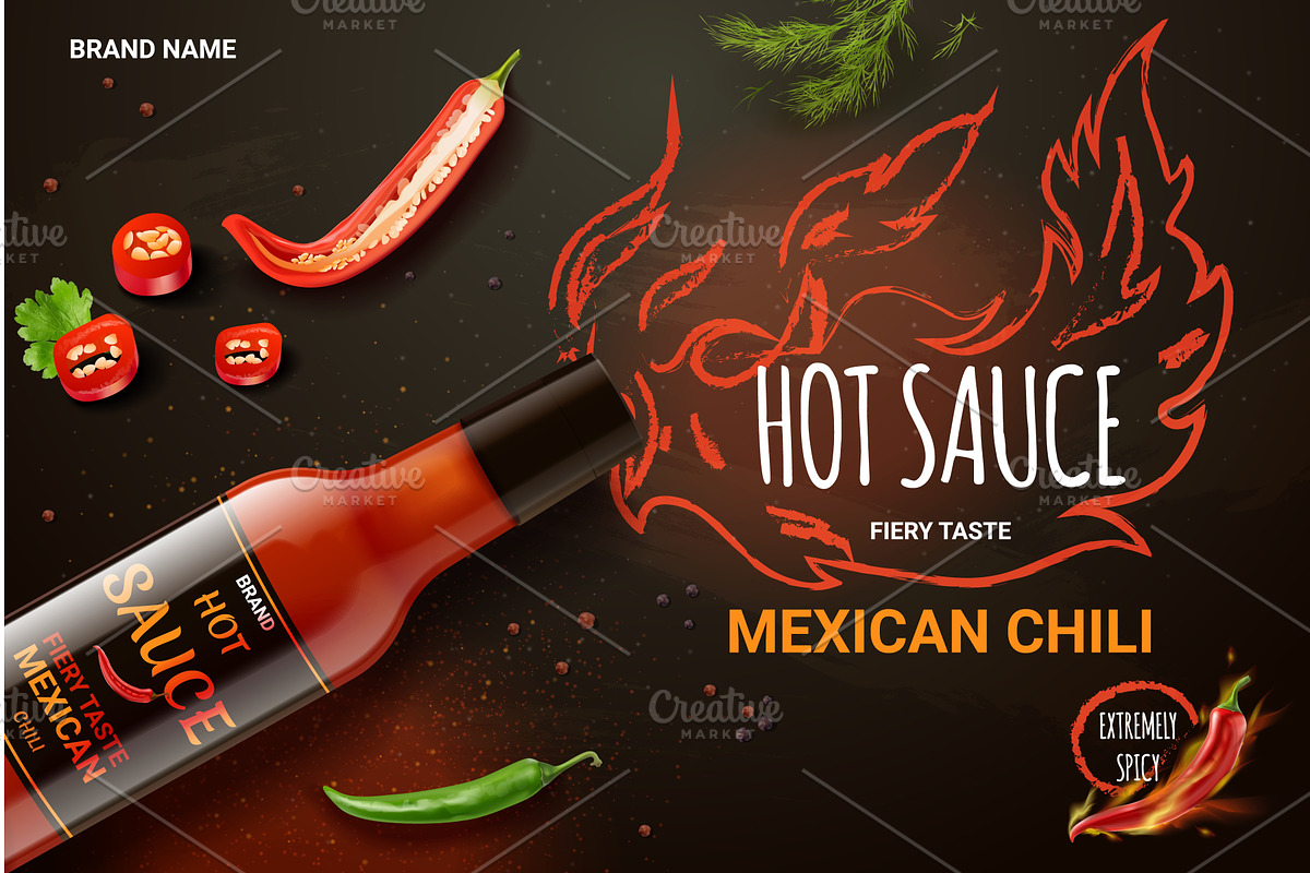Hot sauce ad. Fire red spicy chili, a Food Illustration by Stock-Smart-Start