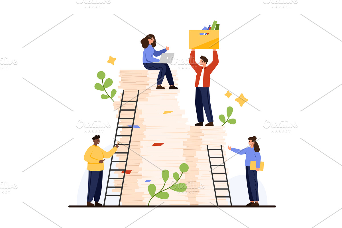 Teamwork Managing Large Paperwork, a Person Illustration by Flashvector