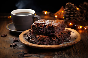 Chocolate brownie with cup of coffee on wooden background, a Food & Drink Photo by AlyaAnd