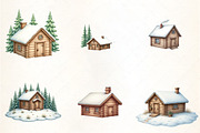 Watercolor Winter Cabin Clipart, an Illustration by CrexoraLab (Thumbnail 2 of 5)