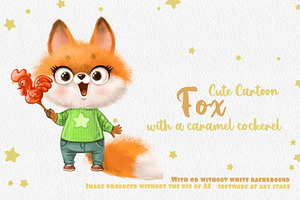 Cute fox holds a caramel cockerel, an Animal Illustration by Azuzlikus