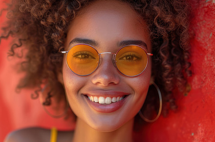 Beautiful Young Woman in Stylish Sunglasses Smiling Against Vibrant Red Wall, a Photo by AS photostudio