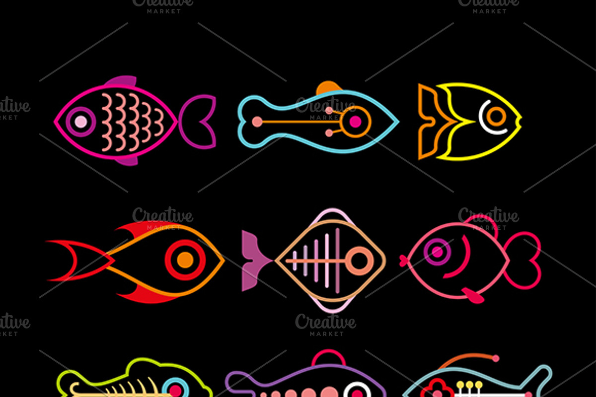 Fish icons on a black background, an Education Illustration by danjazzia