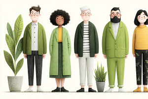 Group of people in eco-friendly attire with vibrant minimalistic background and, an Illustration by AS photostudio