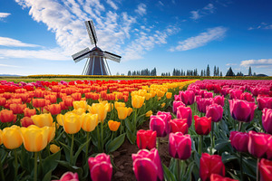 Field of beautiful colorful tulips and old wooden windmill, a Nature Photo by AlyaAnd