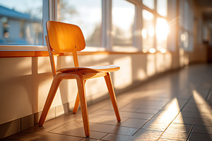 Sunlight casts warm glow on a wooden chair by the window in a serene indoor set, a Photo by AlyaAnd