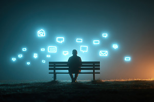 Isolated figure on a park bench surrounded by glowing communication symbols at, a Photo by AlyaAnd