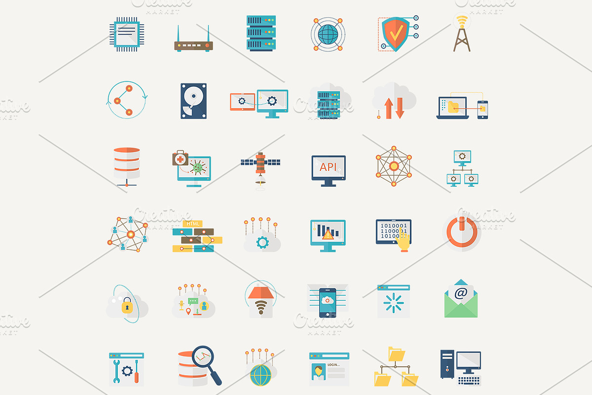 Network technology flat icons set., an Outline Icon by Lemberg Vector