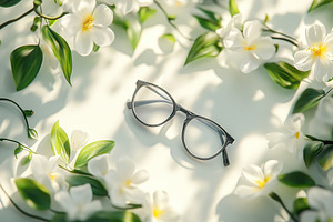 Modern eyeglasses with spring flowers, top view, a Nature Photo by AlyaAnd