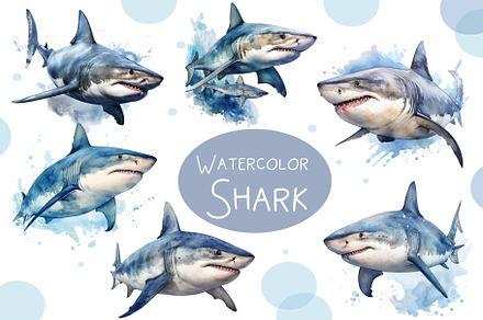 Watercolor Clipart. Baby shark Water