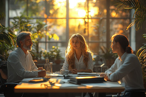 Business meeting during sunset in a, a Photo by Tanuart