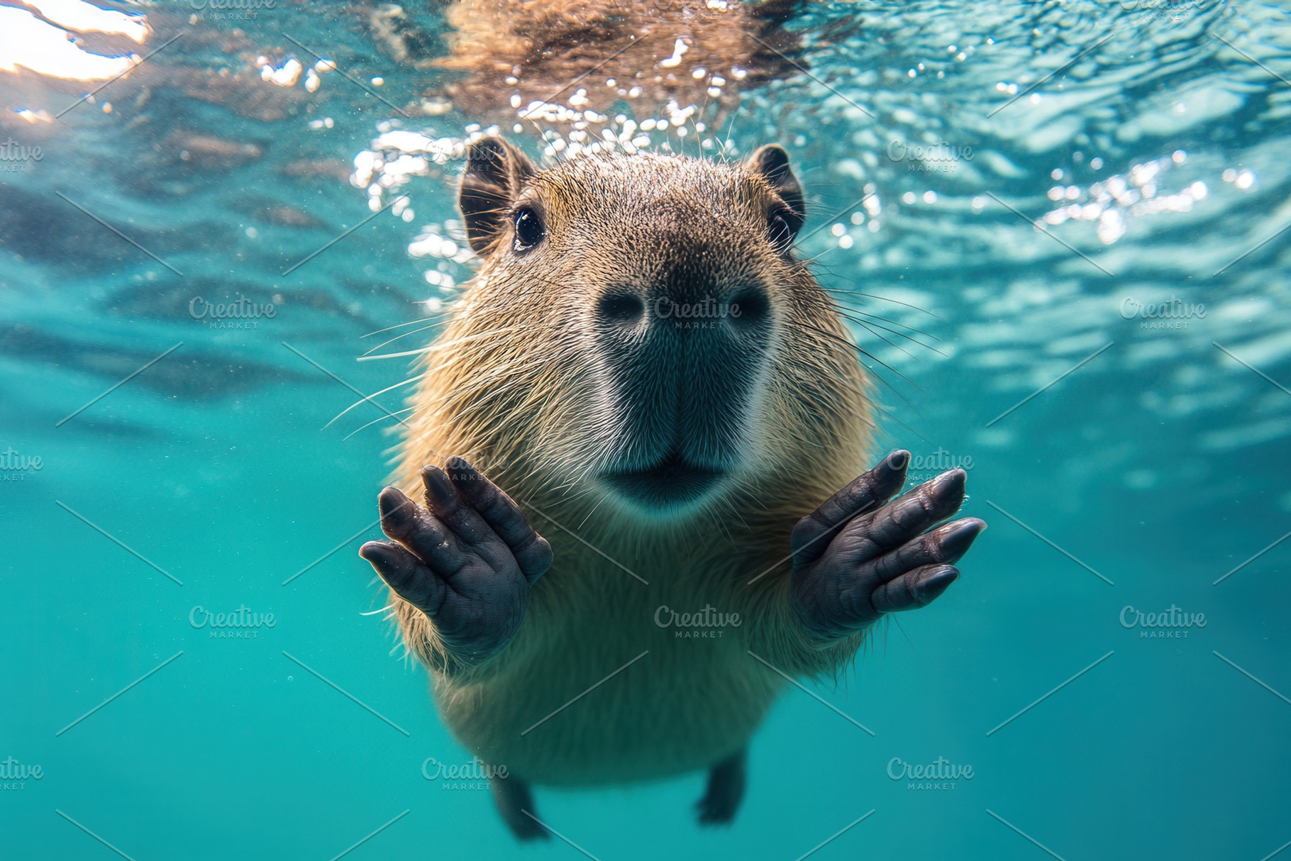 Playful capybara swimming underwater, a Photo by Pavel_design