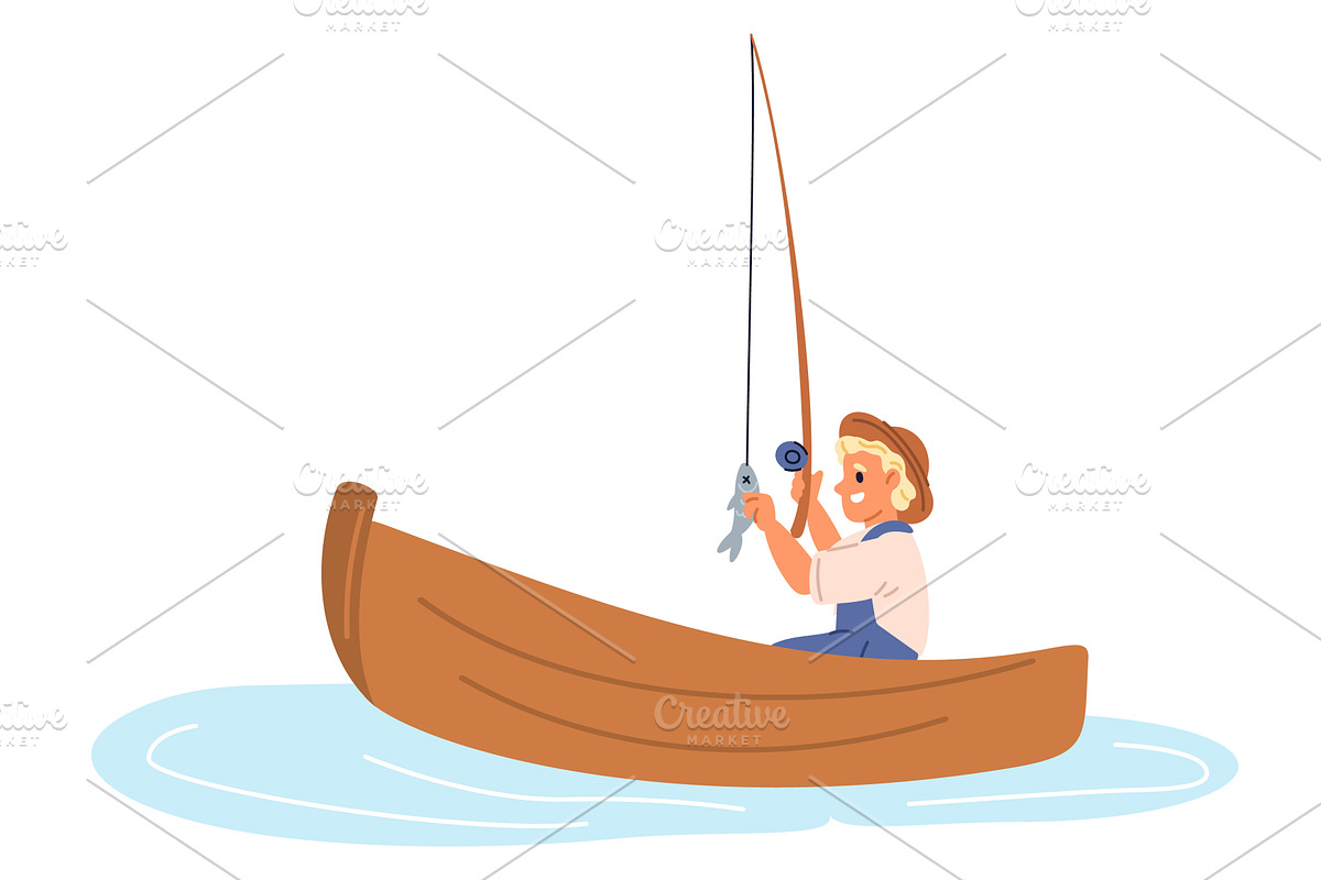 Little boy in boat catches fish in, a Person Illustration by Vectorbuum