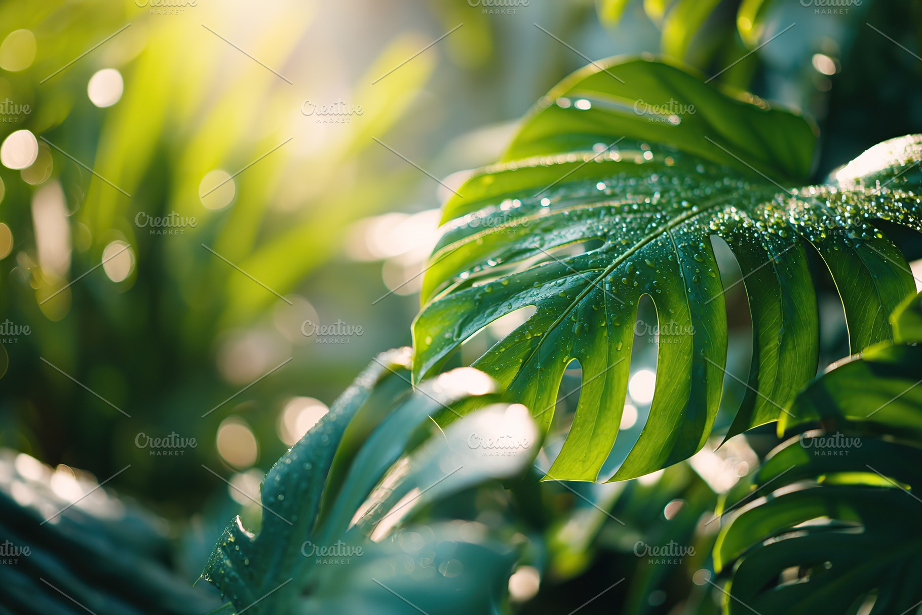 Lush green tropical leaves adorned with raindrops in a sunlit botanical paradis, a Nature Photo by AlyaAnd