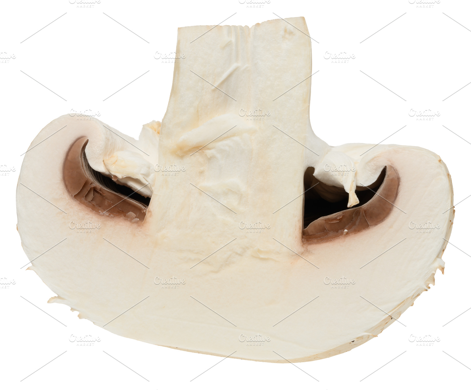Half of raw white champignon on isolated background, a Food & Drink Photo by ndanko