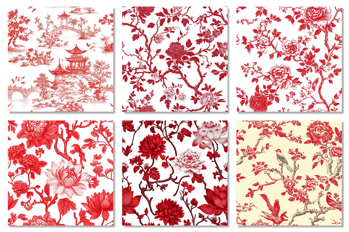 Red & White Chinoiserie Digital Pape, a Texture Graphic by Dream Creation (Photo 4 of 7)