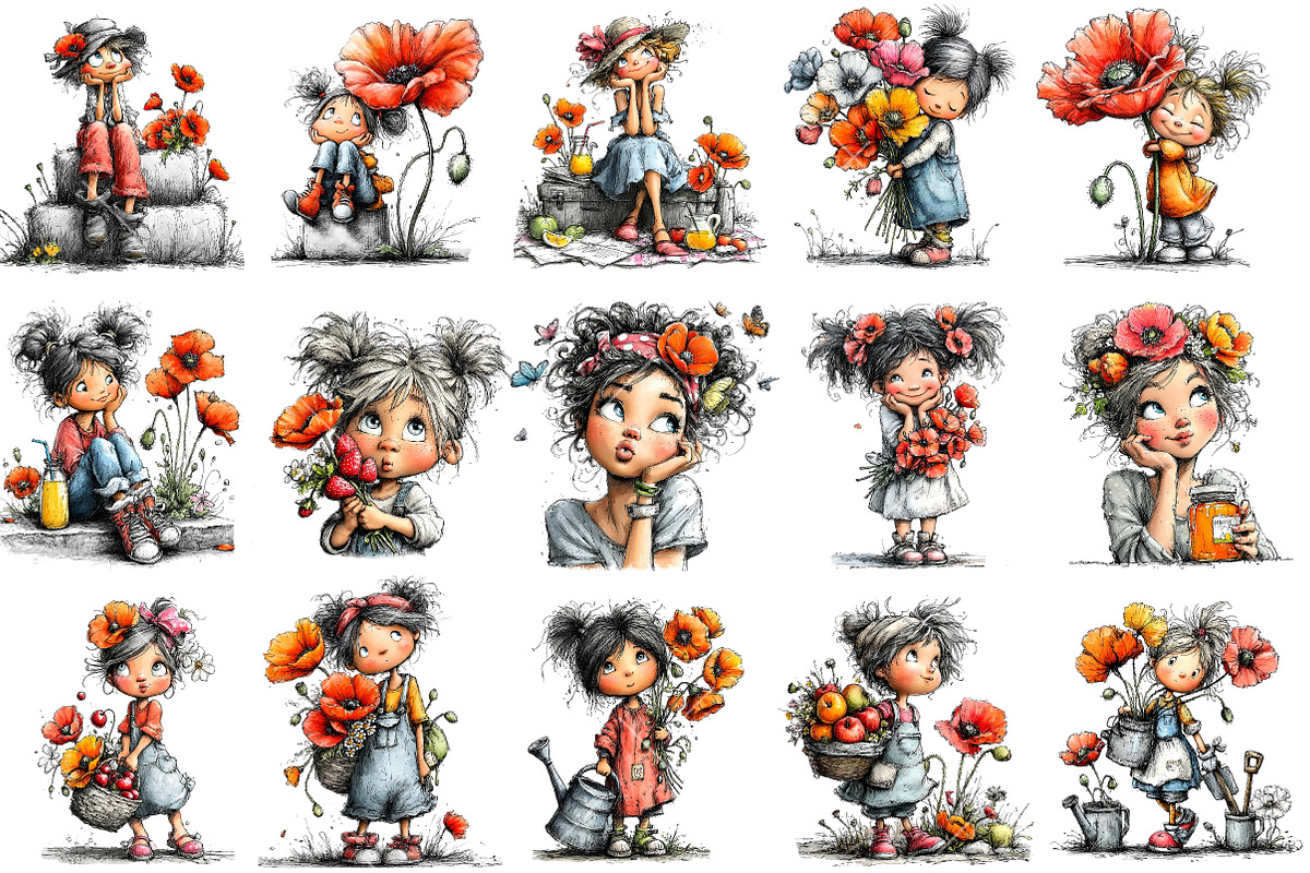 Whimsical Poppy Girl PNG Clipart Set, a Seasonal Illustration by OK Design (Photo 3 of 6)