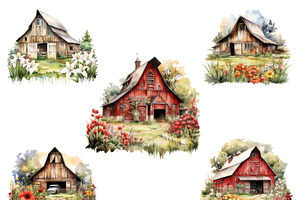 Watercolor Farm Country Barn Clipart