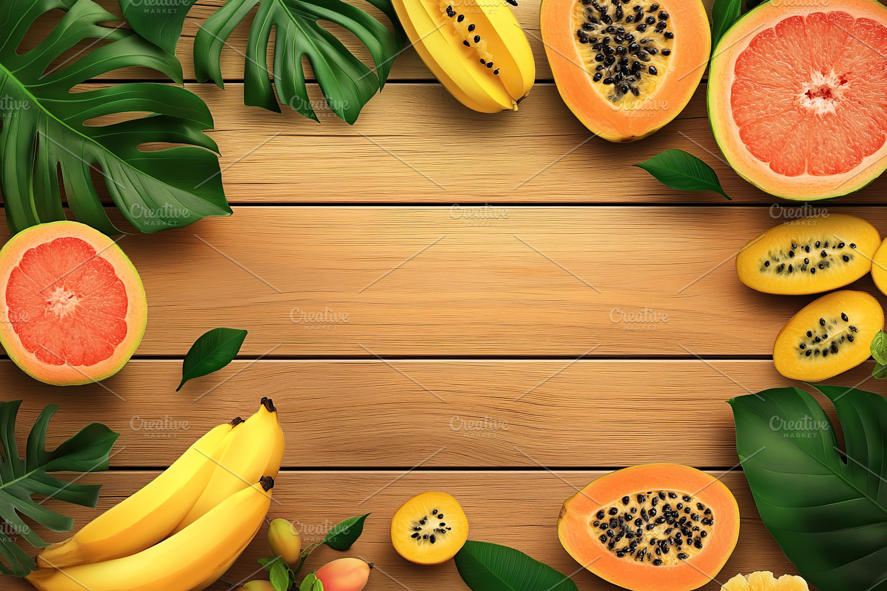 Summer fruit delight featuring tropical flavors and vibrant colors on a wooden, a Background Photo by AlyaAnd