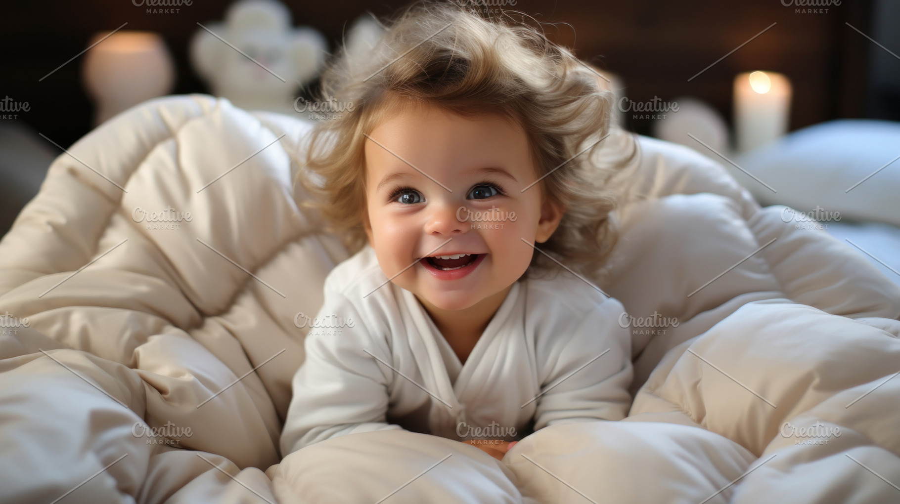 Cute baby girl with curly hair lying on bed at home., a Person Photo by AS photostudio