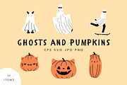 Hand-drawn Ghost & Pumpkin Clipart, a Seasonal Illustration by Kristina Chistiakova (Thumbnail 1 of 3)