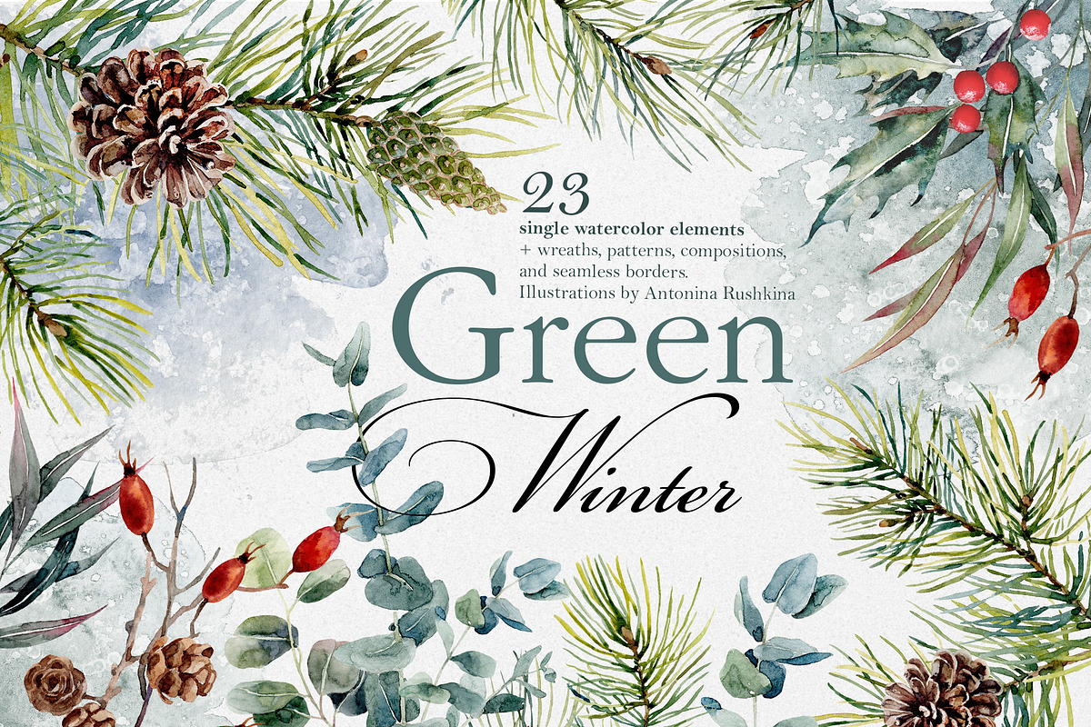 Watercolor collection Green Winter, a Decorative Illustration by RushkinaAntonina (Photo 1 of 8)