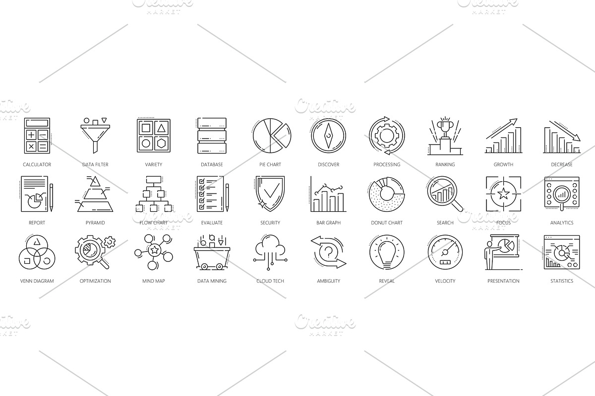 Data analytics and analysis icons, a Technology Illustration by Vector Tradition