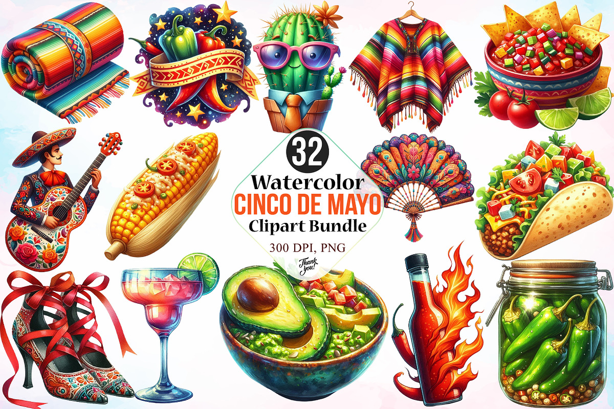 Watercolor Cinco De Mayo Clipart PNG, an Illustration by Canvas Craft (Photo 1 of 3)