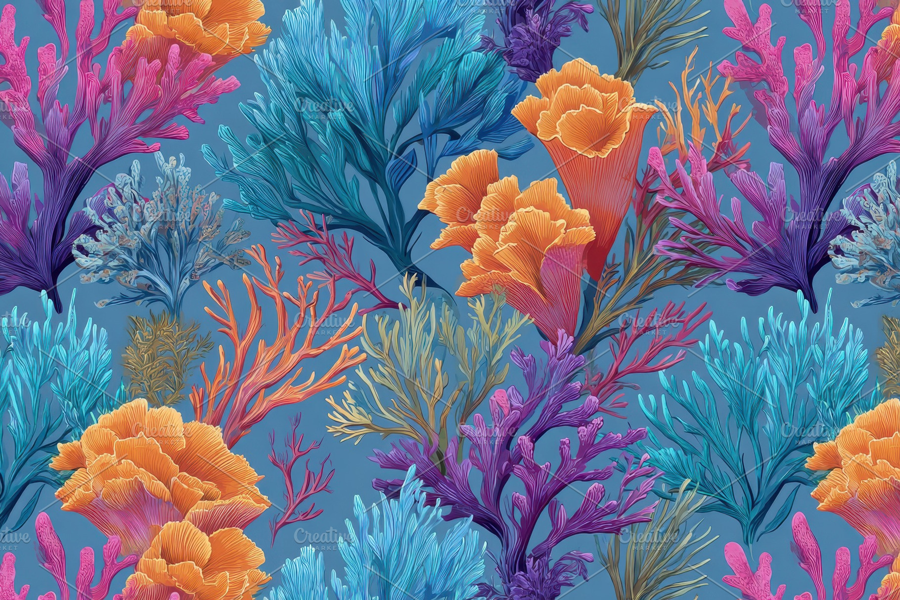 Vibrant Coral Reef Pattern on Blue Background, a Nature Photo by AlyaAnd