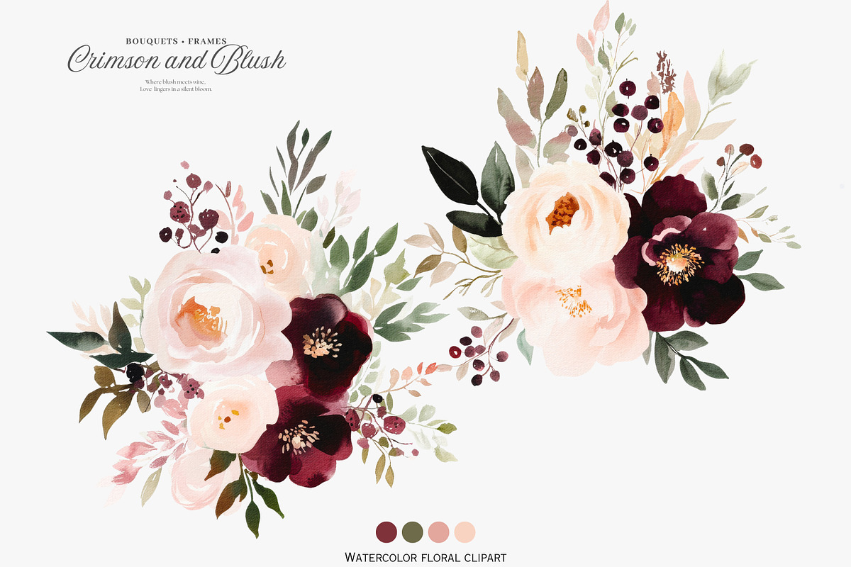 burgundy florals blush roses set, a Decorative Illustration by Patishop Art