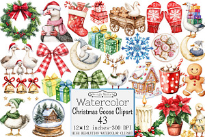 Watercolor Christmas Goose Clipart, a Seasonal Illustration by Design Market