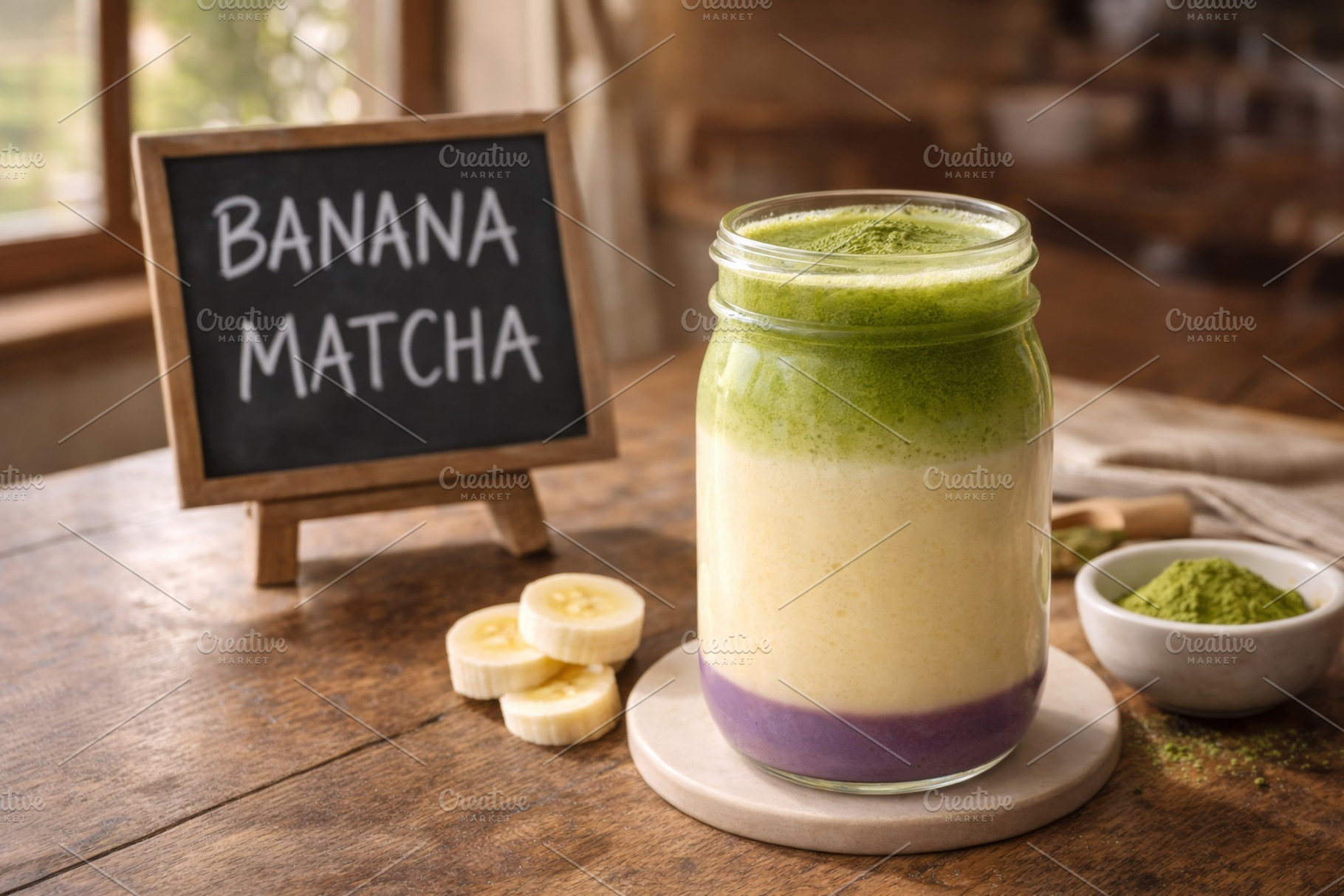 Banana matcha smoothie in glass with, a Photo by Dvoevnore photos