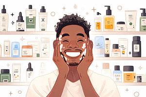 Smiling man uses skincare products surrounded by beauty items on shelf, a Photo by AS photostudio