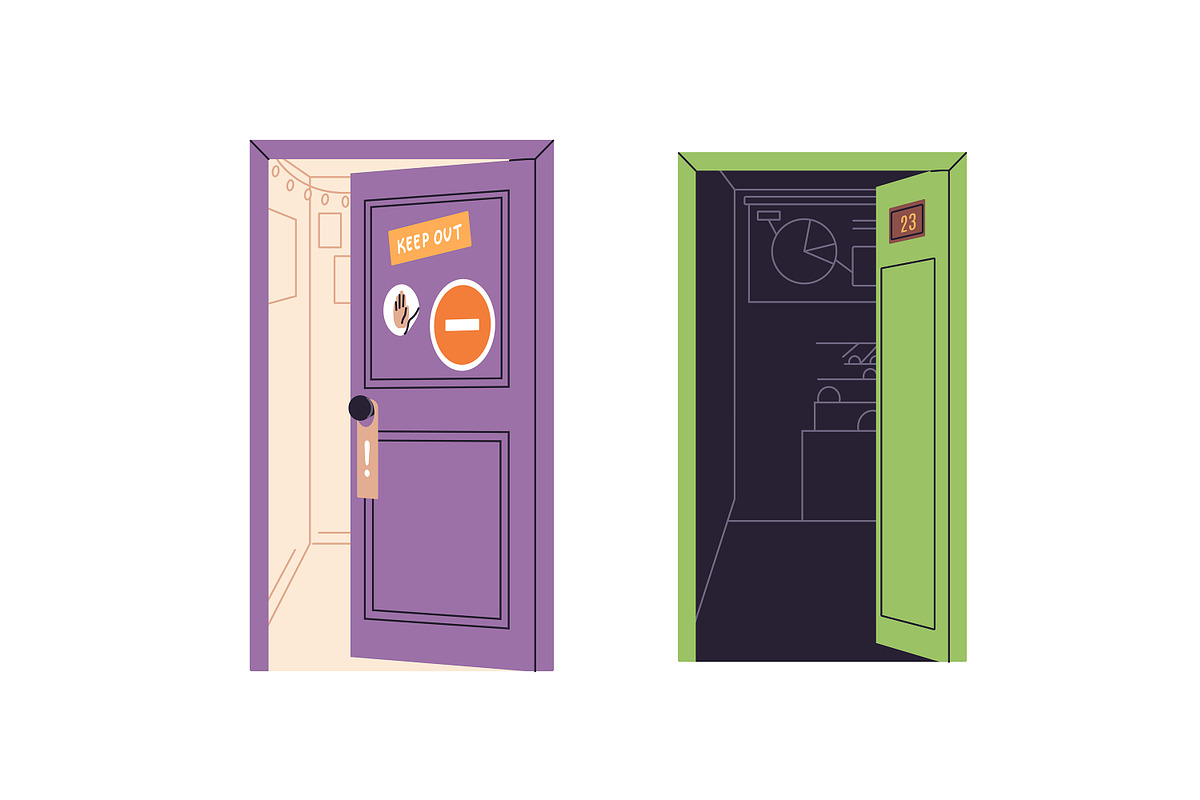 People enter and exit from doors set, a Person Illustration by PaperTrident (Photo 7 of 8)