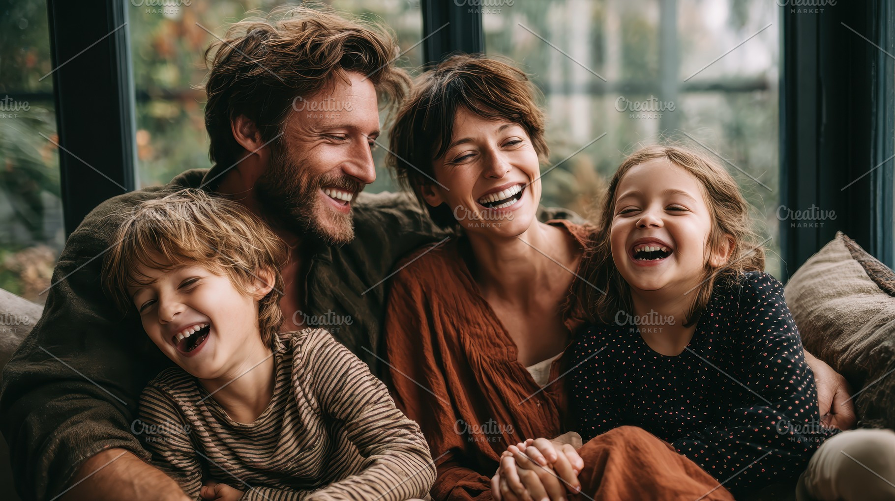Happy family laughing together joyfu, a Photo by Pixeness Studio