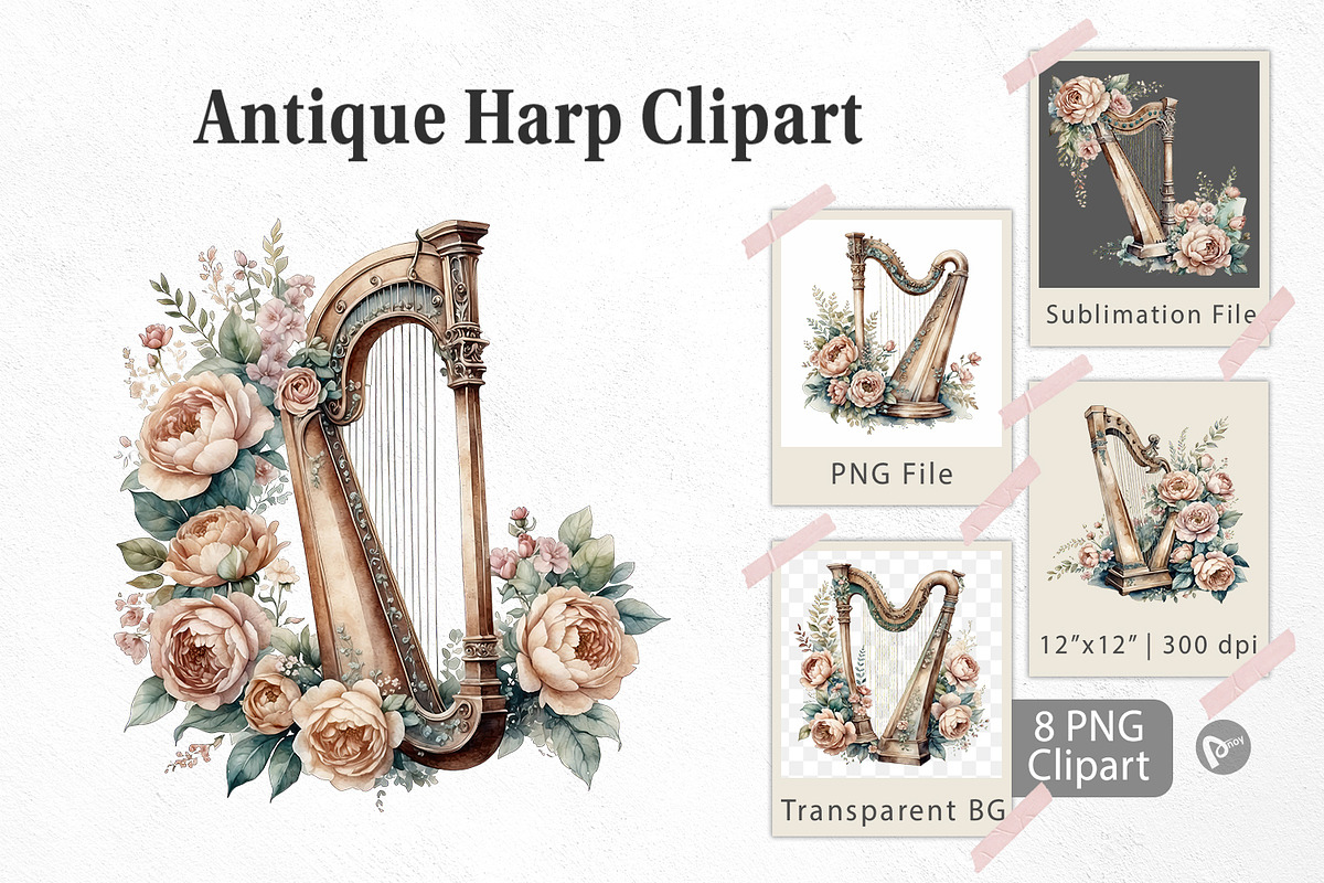 Antique Harp Clipart, a Graphic by Artnoy (Photo 1 of 5)