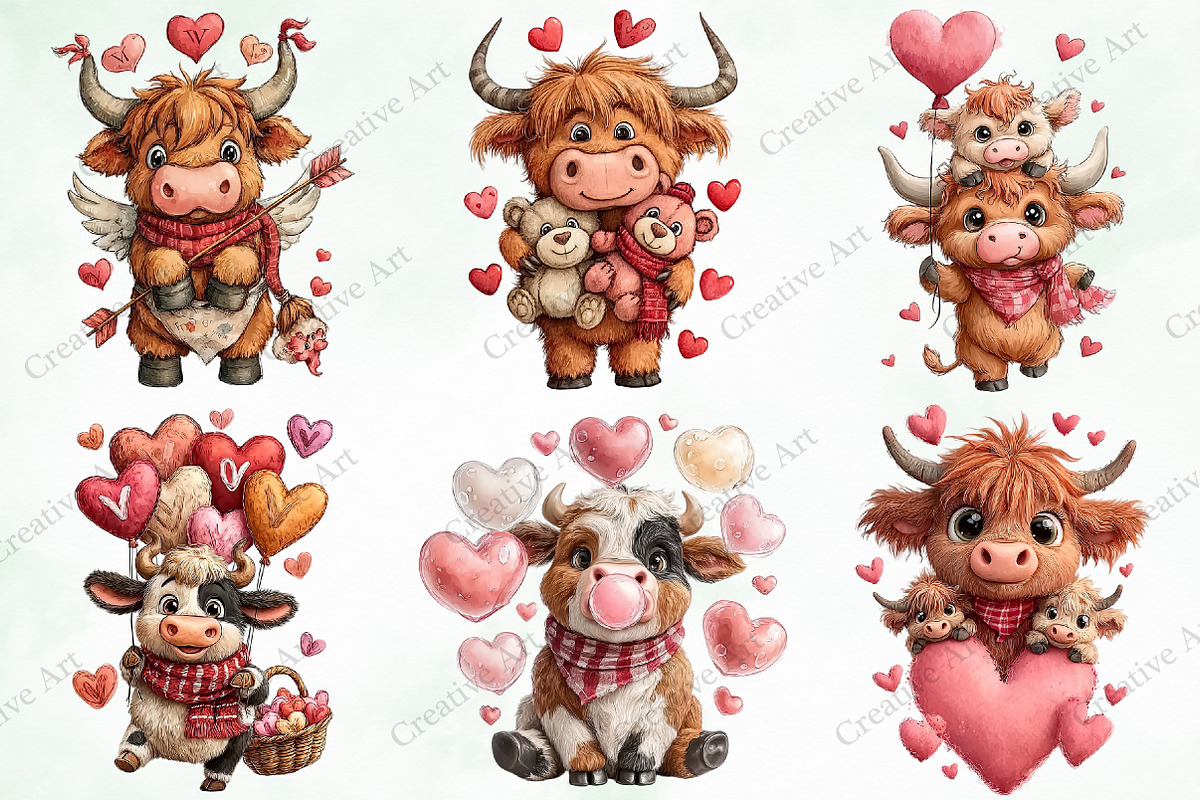 Valentine Highland Cow Clipart, an Illustration by Creative Art (Photo 6 of 9)
