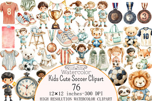 Watercolor Kids Cute Soccer Clipart
