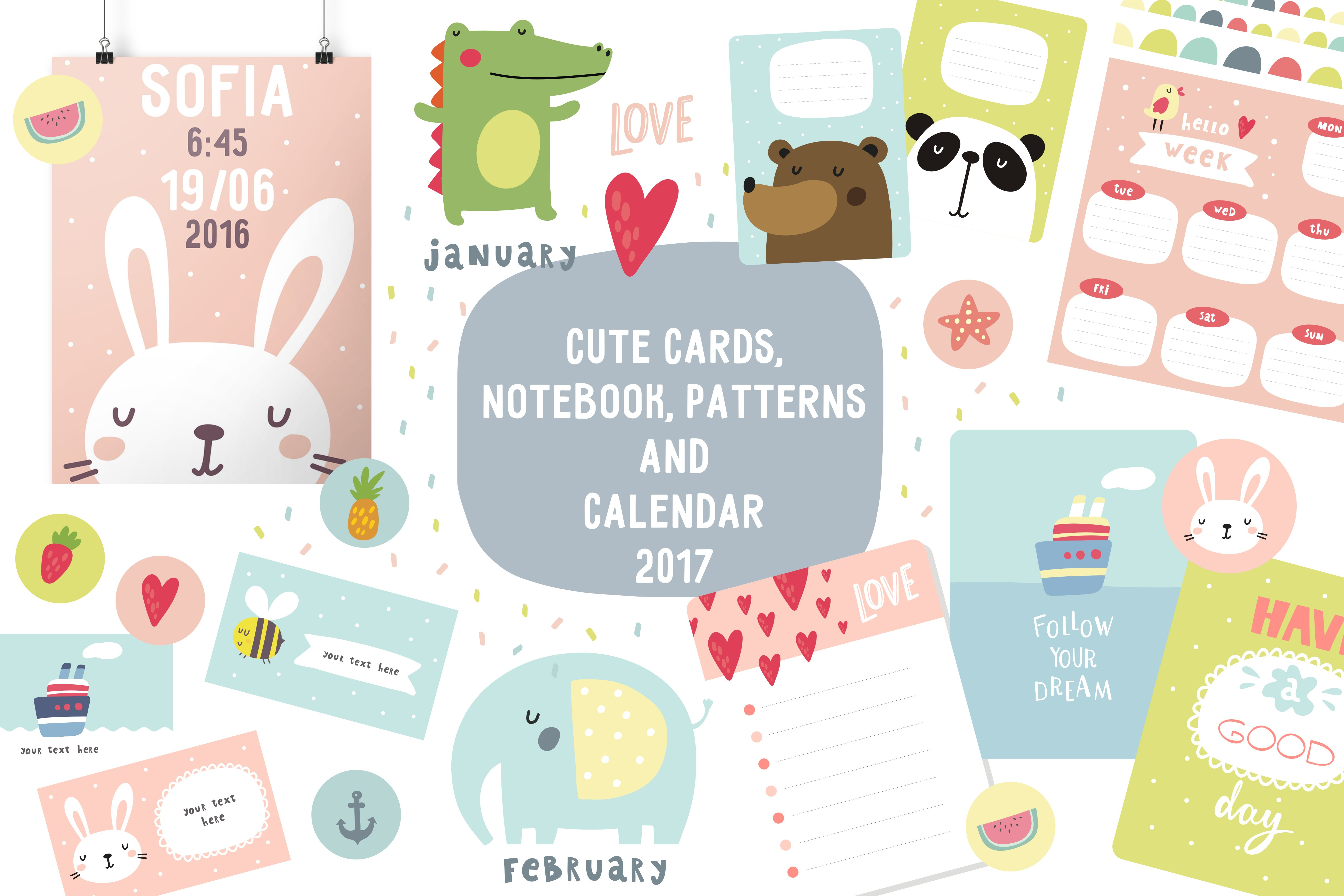 Cute card, notebook, calendar 2017, an Animal Illustration by Barkova ...