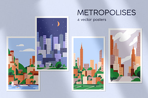 Urban Buildings In City, Posters Set