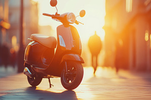 Stylish Scooter Parked on City Street at Sunset, an Abstract Photo by Natalia Klenova's Shop