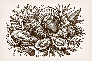 oysters with shells engraving sketch, an Animal Illustration by AlexArt
