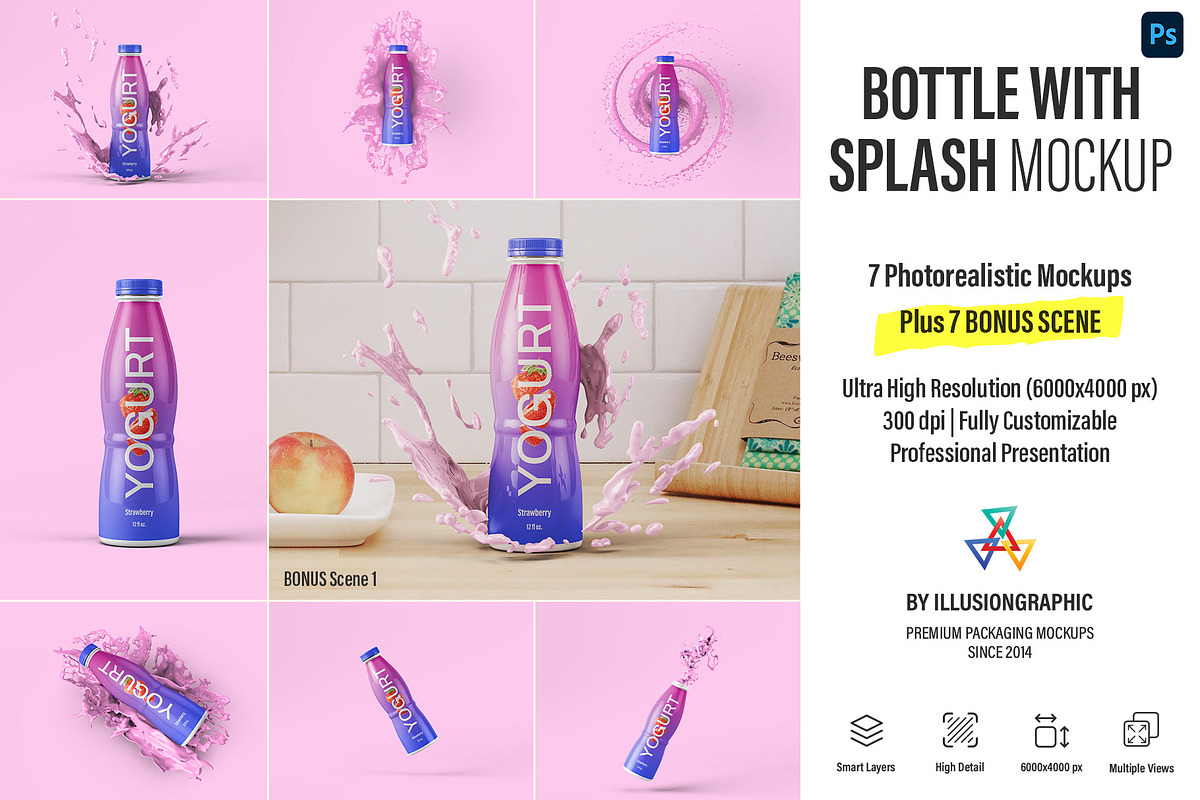 Bottle with Splash Mockup - 7 Views, a Packaging Mockup by Illusiongraphic (Photo 1 of 25)