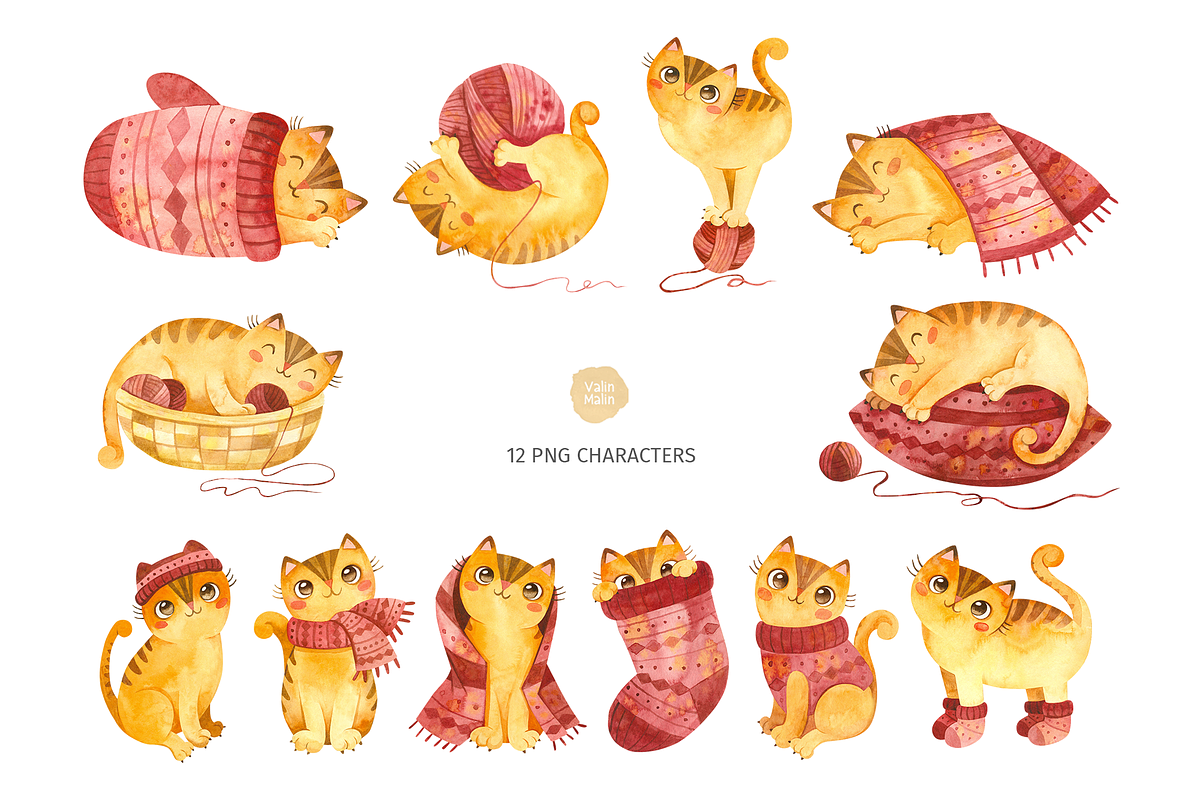 Watercolor Cute Cats & Knitting, a Graphic by Valin Malin (Photo 2 of 23)