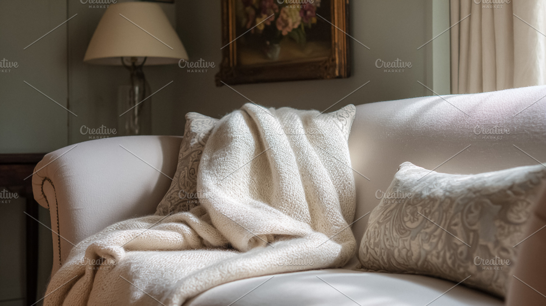 Cozy living room sofa with soft blanket and decorative cushions,, a Photo by Studio ANNA